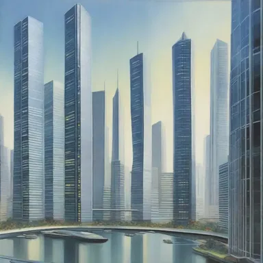 The artist's painting depicted a futuristic city with sleek skyscrapers and a network of intercoms connecting each building.