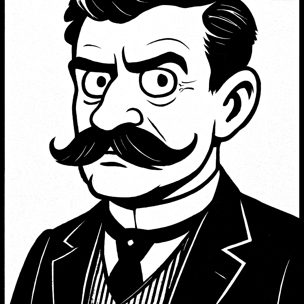 Udelej z obrazku komisovou karikaturu. Pohled muze ven na divaka. Pouze cerna a bila bez barev.