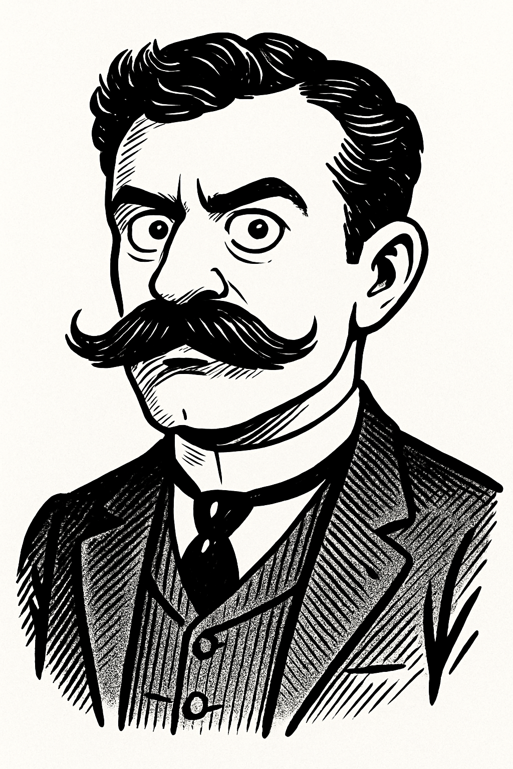 Udelej z obrazku komisovou karikaturu. Pohled muze ven na divaka. Pouze cerna a bila bez barev.