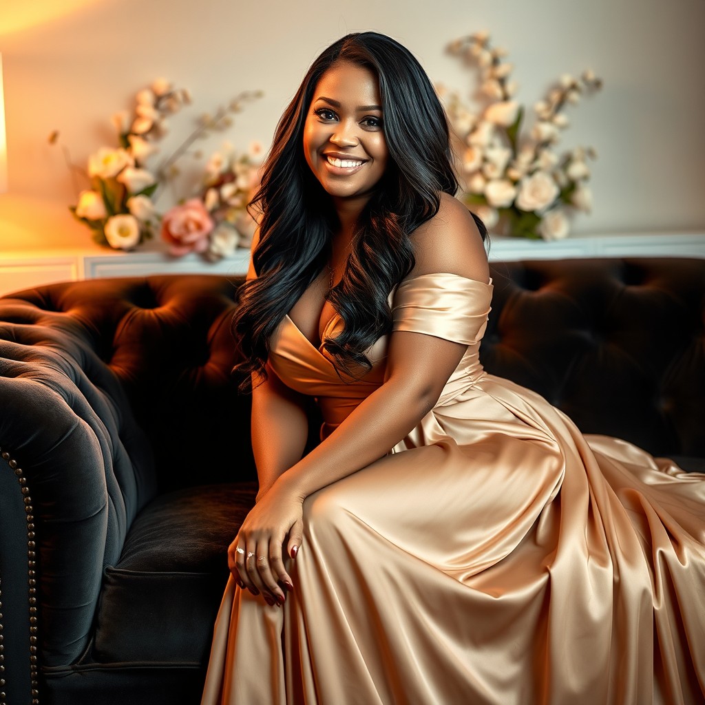 A beautiful, confident BBW woman sitting gracefully on a luxurious velvet couch, wearing an elegant, flowing gown that highlights her curves