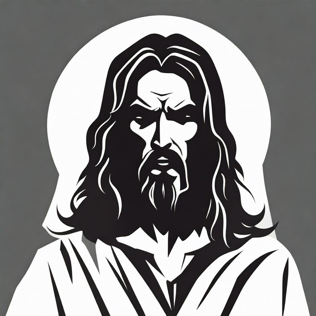 A high contrast, black and white vector-style illustration of the silhouette of an angry Jesus Christ, front view, on a white background. Use a simple, flat design and line art style without any colors.