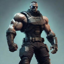 Create a muscular, formidable cyberpunk character designed like a tank. The figure should radiate strength and appear unyielding, embodying the aesthetics of the cyberpunk genre.