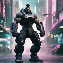 Create a muscular, formidable cyberpunk character designed like a tank. The figure should radiate strength and appear unyielding, embodying the aesthetics of the cyberpunk genre.