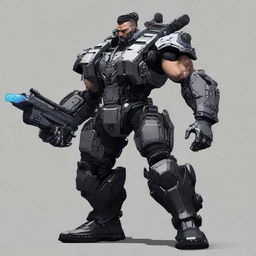 Create a muscular, formidable cyberpunk character designed like a tank. The figure should radiate strength and appear unyielding, embodying the aesthetics of the cyberpunk genre.