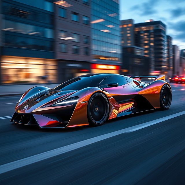 A futuristic hypercar that exudes sleek and aerodynamic design, featuring a striking, compact body made of lightweight materials