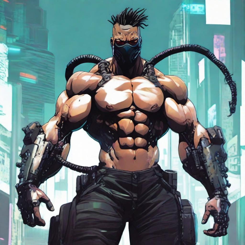 Create a muscular, formidable cyberpunk character designed like a tank. The figure should radiate strength and appear unyielding, embodying the aesthetics of the cyberpunk genre.