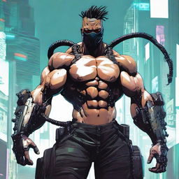 Create a muscular, formidable cyberpunk character designed like a tank. The figure should radiate strength and appear unyielding, embodying the aesthetics of the cyberpunk genre.