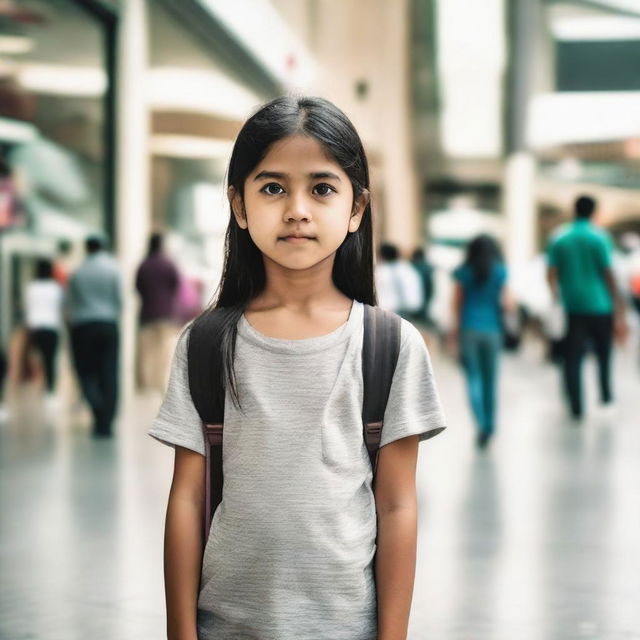 A young girl patiently standing outside a bustling modern mall, appearing to wait for someone.