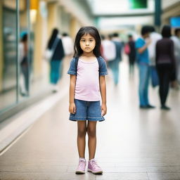 A young girl patiently standing outside a bustling modern mall, appearing to wait for someone.