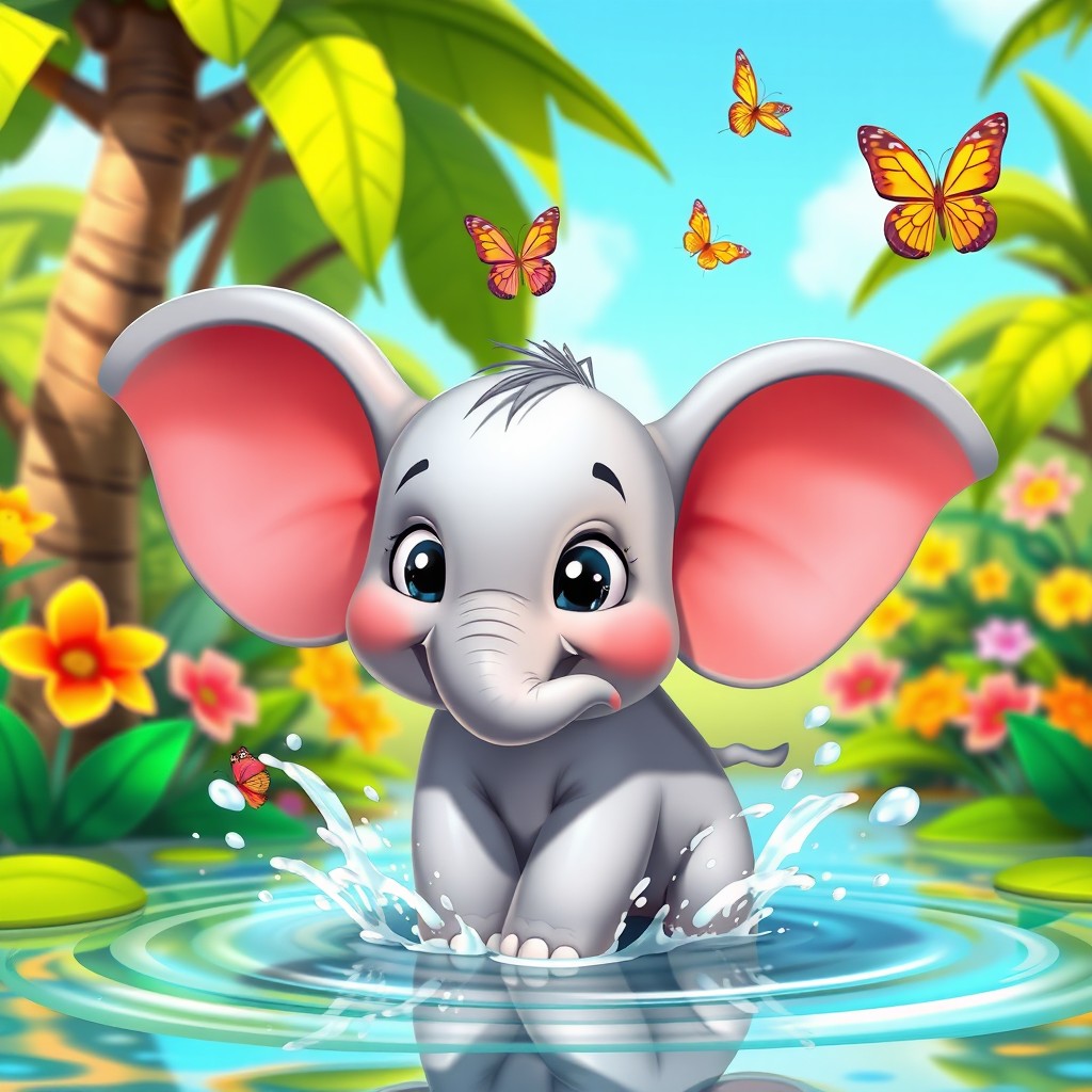 A vibrant and charming animated scene featuring a baby elephant playfully splashing water in a sunny jungle setting