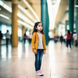 A young girl patiently standing outside a bustling modern mall, appearing to wait for someone.