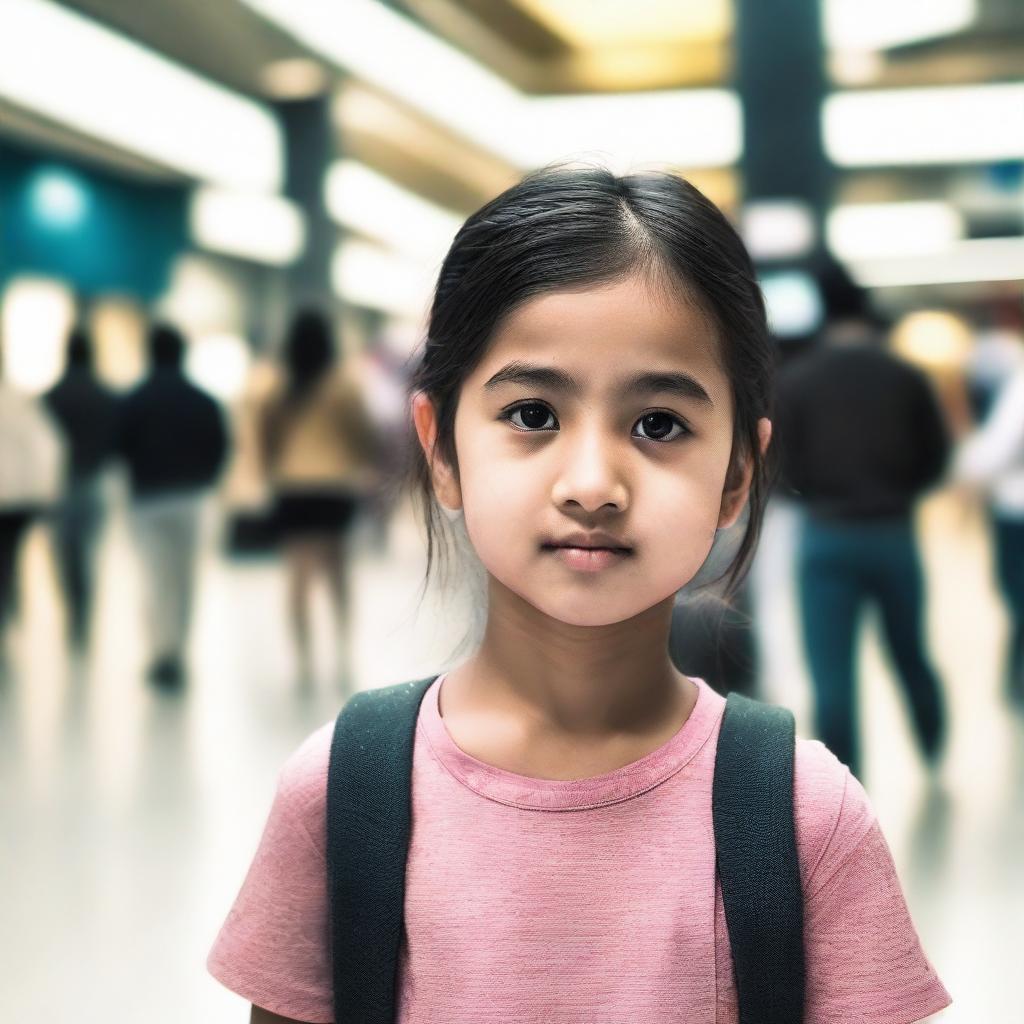 A young girl patiently standing outside a bustling modern mall, appearing to wait for someone.