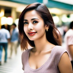 A woman eagerly awaiting her boyfriend outside a bustling shopping mall, the anticipation visible on her face.