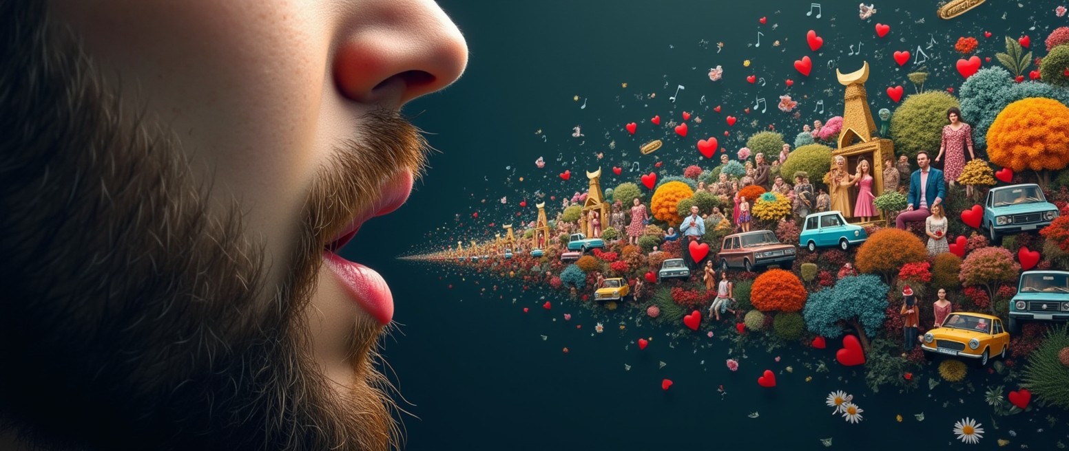 On the left side of the image, a speaking mouth is depicted with only the nose and the mouth visible, featuring a beard