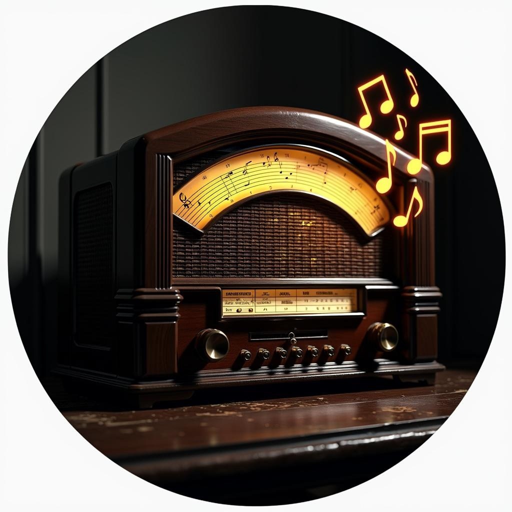 An old radio from the 1920s is depicted in darkness, featuring a glowing scale