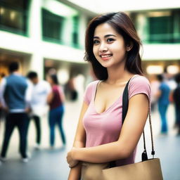 A woman eagerly awaiting her boyfriend outside a bustling shopping mall, the anticipation visible on her face.