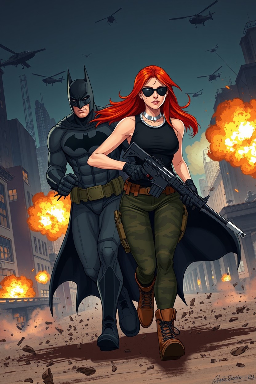 A real art-style illustration depicting Batman running alongside a beautiful 30-year-old redhead woman with an athletic build and very long loose hair