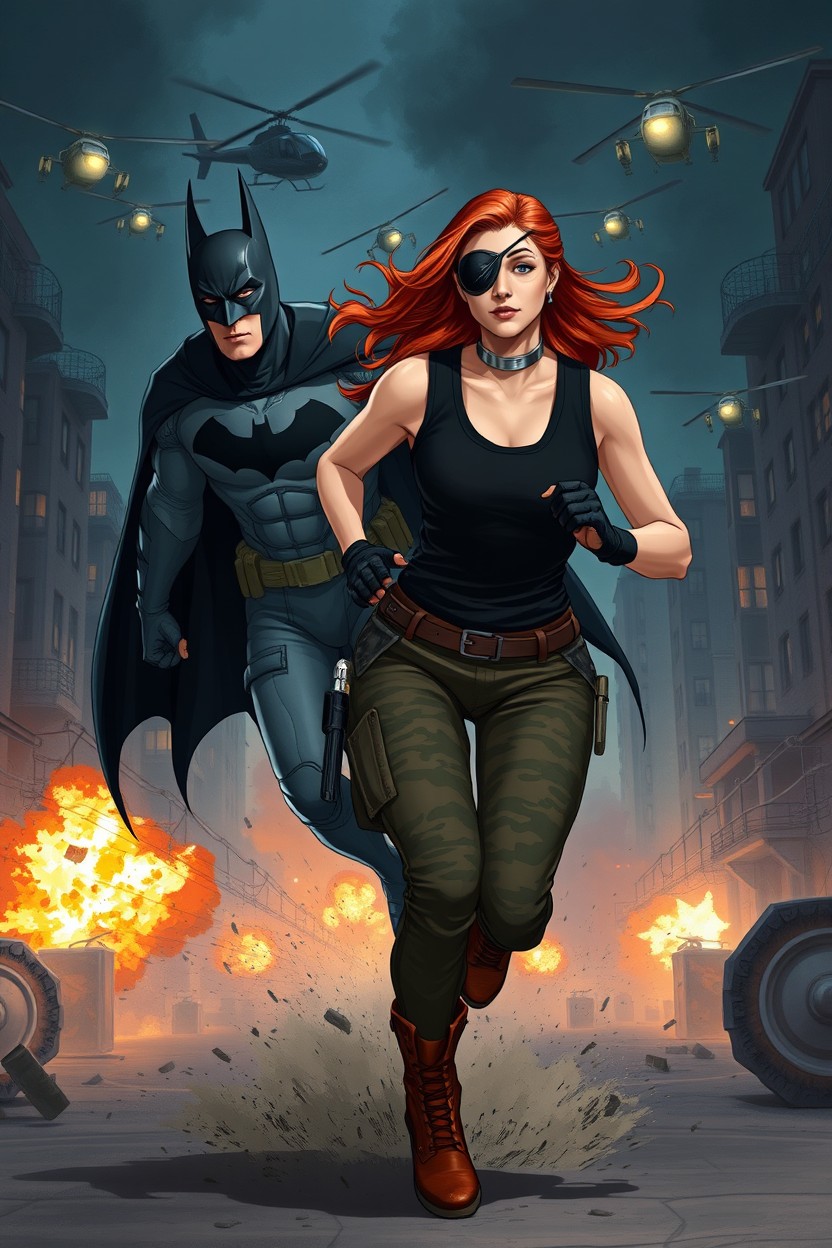 A realistic illustration of Batman running alongside a beautiful 30-year-old red-haired woman who has an athletic build and very long loose hair
