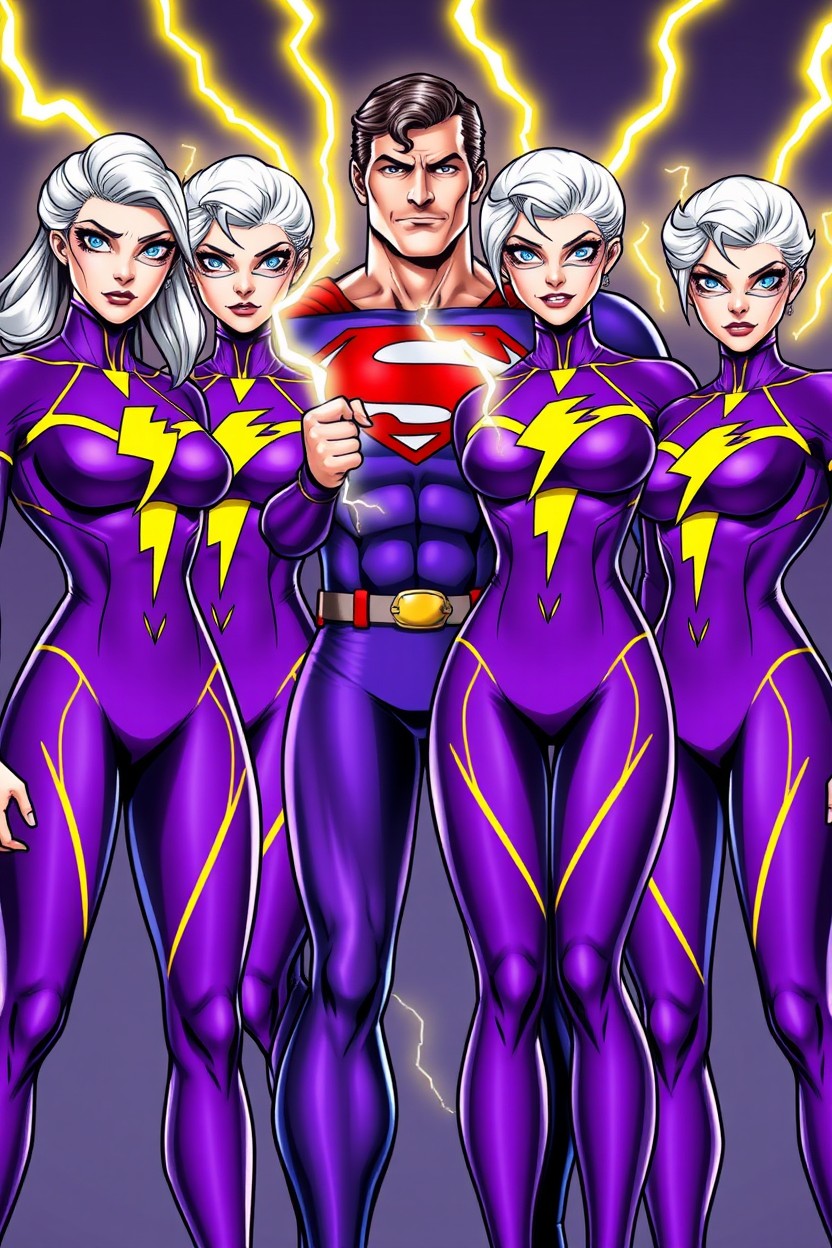 A vibrant and realistic image featuring three female superheroes standing together, each clad in striking purple spandex suits that showcase their athletic physiques