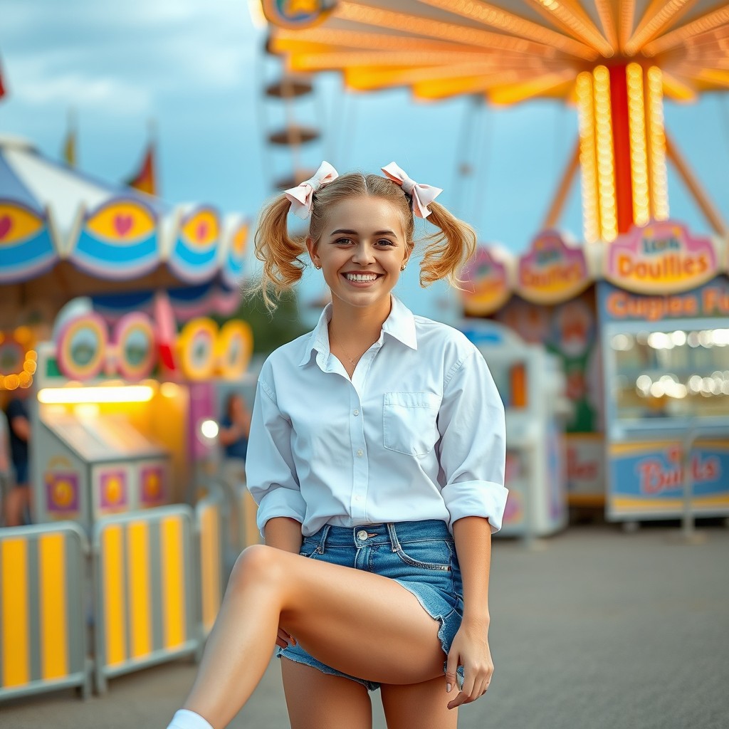 A blonde college girl enjoying herself at a lively fair, wearing a crisp white shirt and blue denim shorts