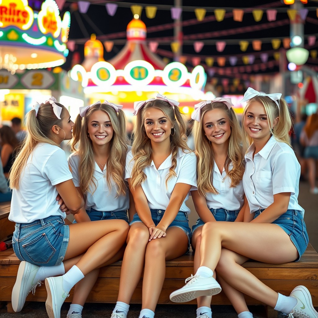 Several blonde college girls wearing white shirts, blue denim shorts, and white Nike socks at a vibrant fair