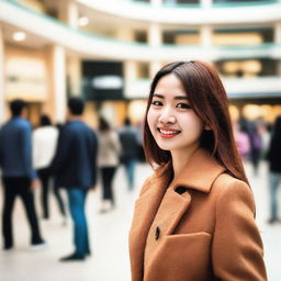 A woman eagerly awaiting her boyfriend outside a bustling shopping mall, the anticipation visible on her face.