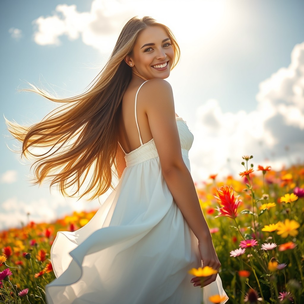 A stunning woman with long flowing hair that cascades down her back, standing in a sunlit field filled with vibrant wildflowers