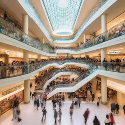 A sprawling, multi-story shopping mall teeming with people and filled with various shops of all kinds.