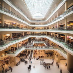 A sprawling, multi-story shopping mall teeming with people and filled with various shops of all kinds.