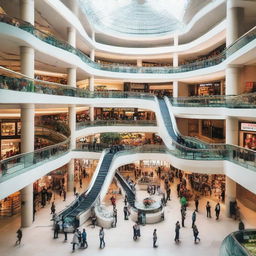 A sprawling, multi-story shopping mall teeming with people and filled with various shops of all kinds.