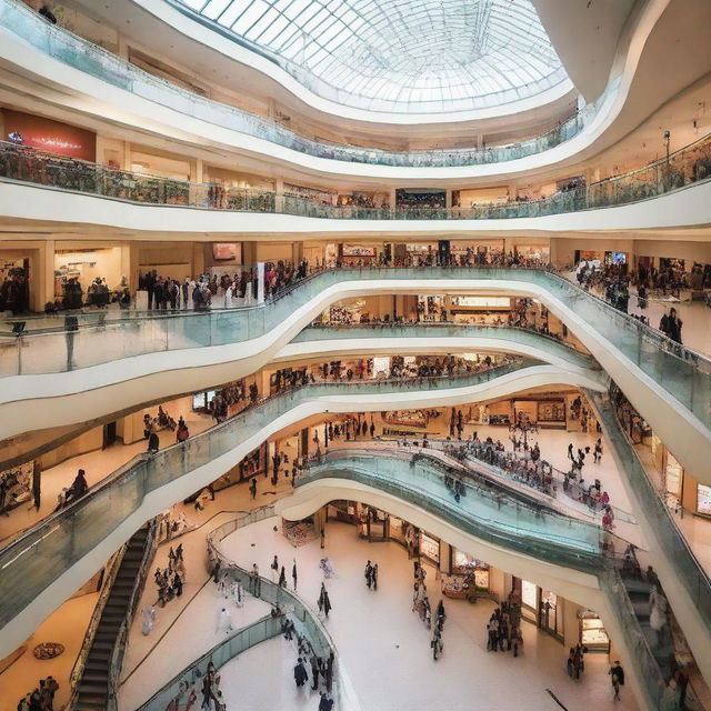 A sprawling, multi-story shopping mall teeming with people and filled with various shops of all kinds.