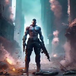 Revise the previous image to show the muscular, cyberpunk character standing immovable amidst a sea of spent bullet casings and swathes of smoke, suggesting the aftermath of an intense gunfight.