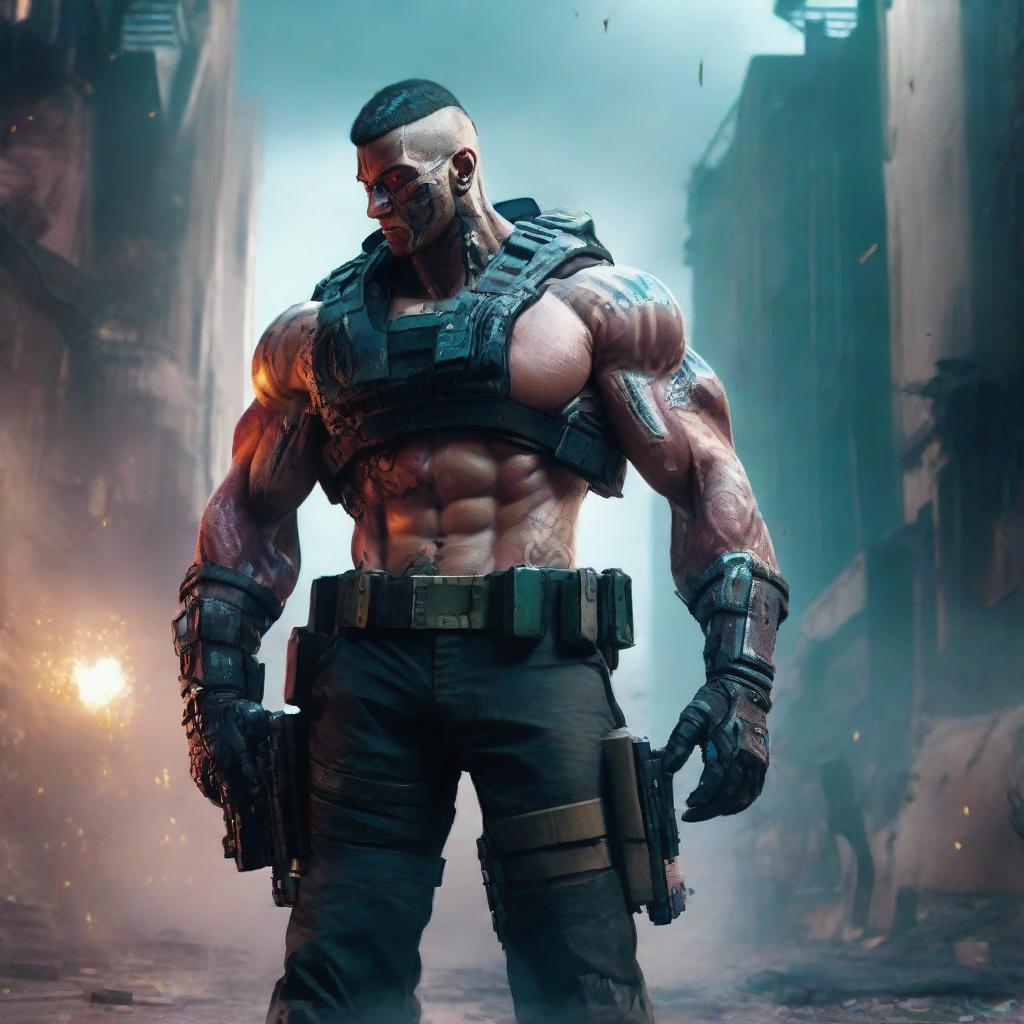 Revise the previous image to show the muscular, cyberpunk character standing immovable amidst a sea of spent bullet casings and swathes of smoke, suggesting the aftermath of an intense gunfight.