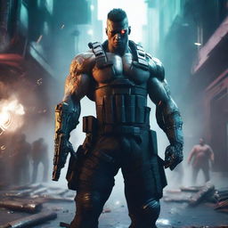 Revise the previous image to show the muscular, cyberpunk character standing immovable amidst a sea of spent bullet casings and swathes of smoke, suggesting the aftermath of an intense gunfight.