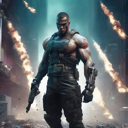 Revise the previous image to show the muscular, cyberpunk character standing immovable amidst a sea of spent bullet casings and swathes of smoke, suggesting the aftermath of an intense gunfight.