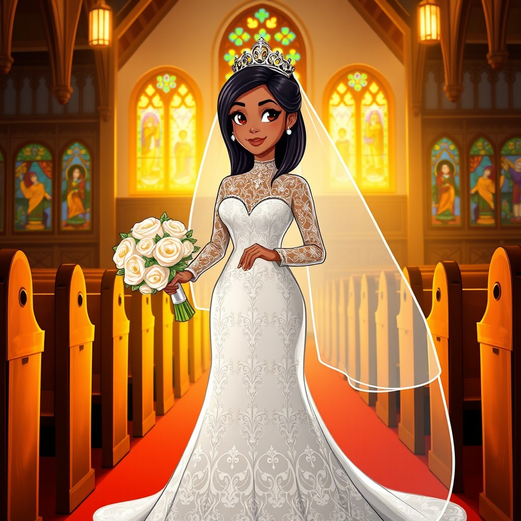 A Brazilian bride in a vibrant, slightly cartoony art style with clean, defined outlines and rich, vivid colors
