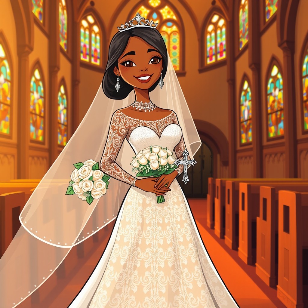 A Brazilian bride in a vibrant, slightly cartoony art style with clean, defined outlines and rich, vivid colors