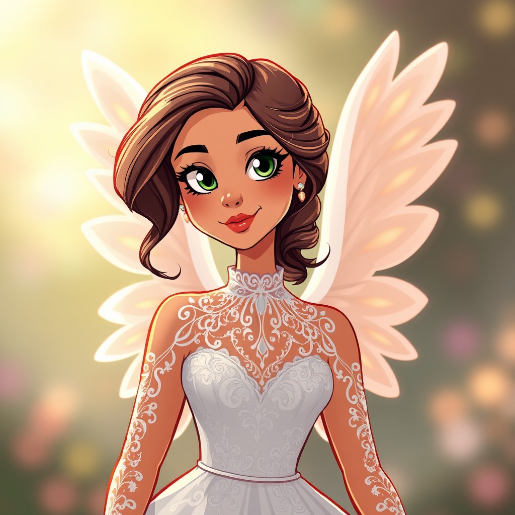 A Brazilian angel woman in a cartoon style, with a focus on her beautiful face