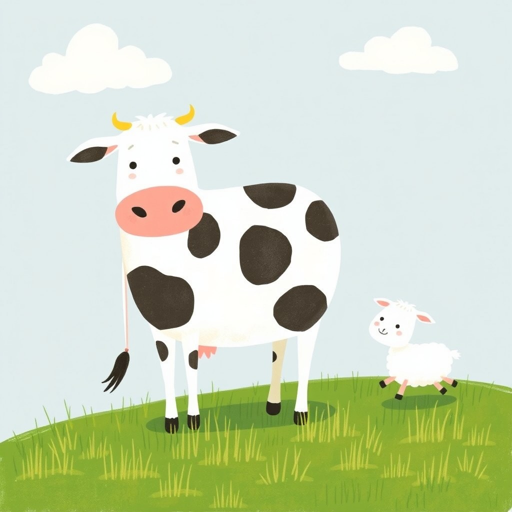 A whimsical illustration featuring a cow standing on a vibrant green grass field, with a small sheep playfully following behind