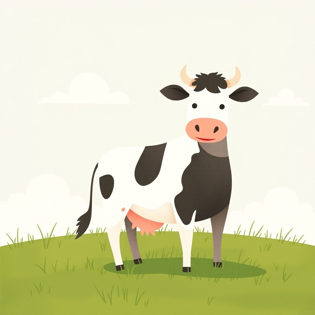 A whimsical illustration of a cow standing on a lush green grass field, designed in the distinctive style of Jon Klassen