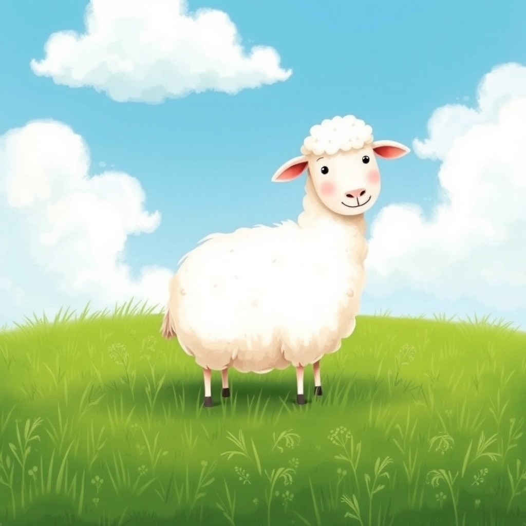 A whimsical illustration of a sheep standing on a rich green grass field, created in the distinctive style of Jon Klassen