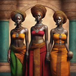 A high-quality digital art showcasing beautiful African women in 90AD medieval Africa