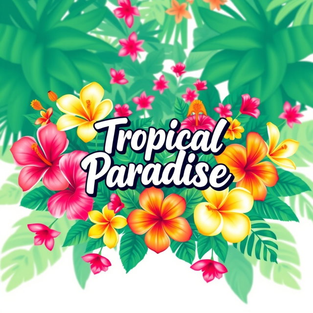 A custom t-shirt design featuring vibrant tropical flowers such as hibiscus and frangipani, with a background of lush green foliage