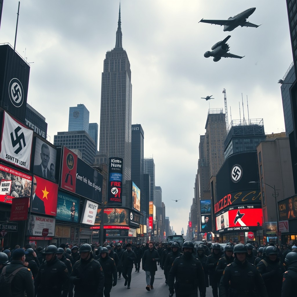 A dystopian vision of New York City under a totalitarian regime, featuring iconic landmarks transformed with oppressive architecture