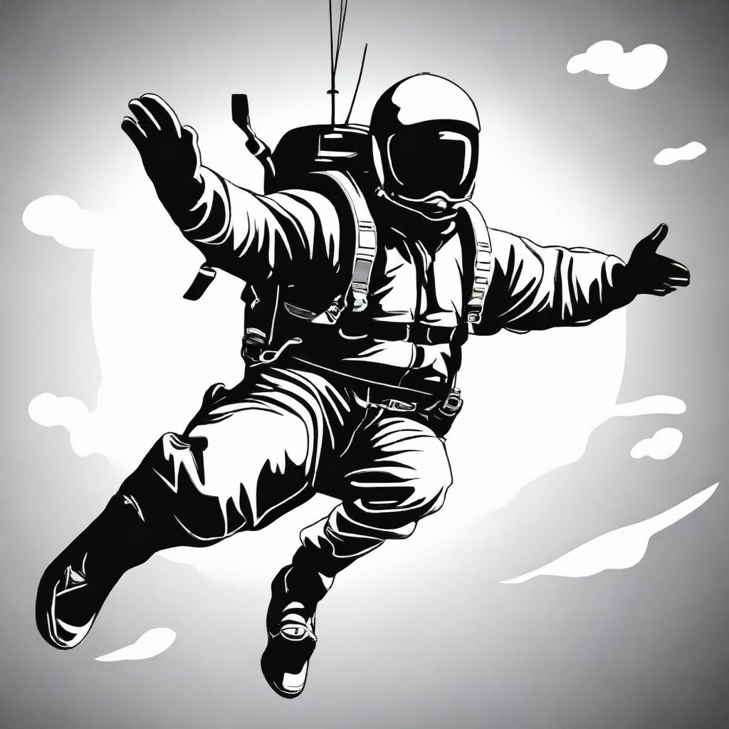 A high contrast, black and white vector-style illustration of a parachuter jumping from a plane against a white background. The design should be simple, flat and in line art form with no use of colors.