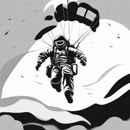 A high contrast, black and white vector-style illustration of a parachuter jumping from a plane against a white background. The design should be simple, flat and in line art form with no use of colors.