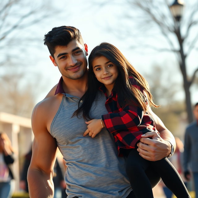 A tall man, approximately 6'1" with raven black hair and striking gold eyes, showcasing an athletic physique that emphasizes his muscular build without being overly bulky, is carrying a beautiful girl