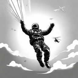 A high contrast, black and white vector-style illustration of a parachuter jumping from a plane against a white background. The design should be simple, flat and in line art form with no use of colors.