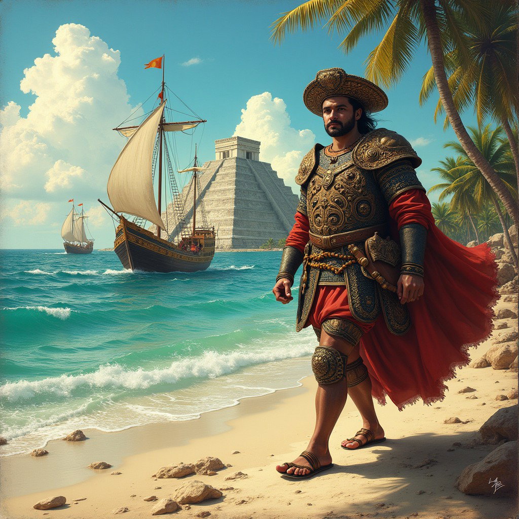 A captivating historical scene illustrating 16th-century ships originating from Castilla sailing across the beautiful Maya coastline