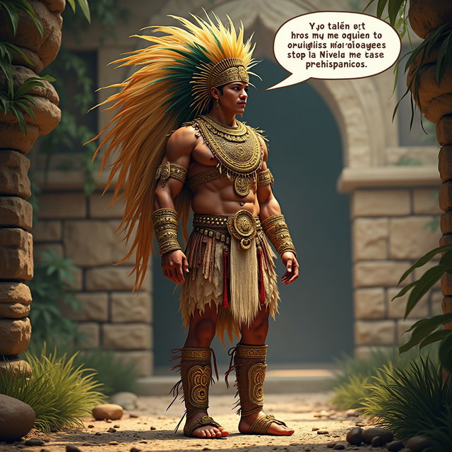 A striking portrayal of a Toltec Tlatoani dressed as a chief from a Mesoamerican civilization